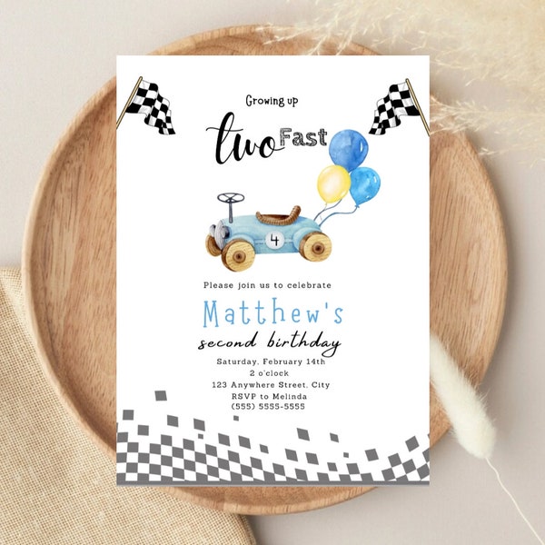 Editable Digital Growing up Two Fast Birthday Invitation for Print or Text 5x7 Second Birthday Printable Invite Self-Editable Template