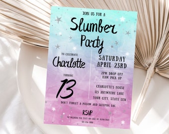 EDITABLE SLEEPOVER Invitation, Slumber Party, Pajama Party, Birthday Girl Water Colour Invitation,  Printable Invite Template, ANY age, diy