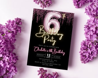 Editable 6th Birthday Invitation Template, Printable pink Balloon sixth Birthday Party Invite, Self-Editable milstone invitation