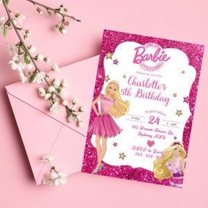 Pink Glitter Birthday Invitation Doll Invitation template Princess Themed Decor Girl Party Invite Girl's Editable Invite Printable Card