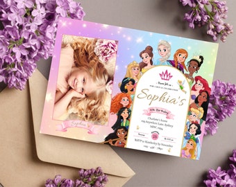 Faire-part d'anniversaire de princesse, invitation princesse Disney, invitations florales à une fête d'anniversaire de princesse, princesse Evite, numérique modifiable sur téléphone portable,