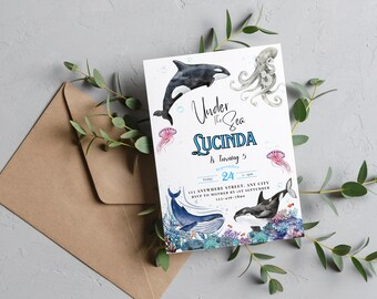 Digital Under the sea Birthday Invitation Download for Print or Text 5x7 Orca, Whale, Ocean animals Printable Invite Self-Editable Template