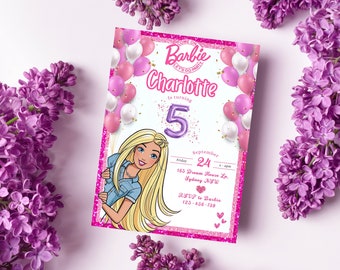 Invitation d'anniversaire de poupée à paillettes roses numérique à télécharger pour impression/texte 5 x Barbie et ses amis Invitation imprimable Modèle auto-modifiable