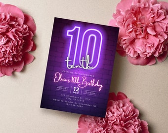 Editable Digital 10th Birthday Invitation Download for Print or Text 5x7 Purple Brick Tenth Printable Invite Self-Editable Template