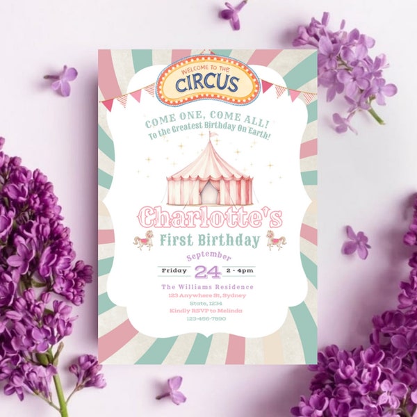 Pastel Carnival Birthday Invitation, Invite, First Birthday Party Invites, pastel Circus Mobile Phone Editable Digital, self Editable invite