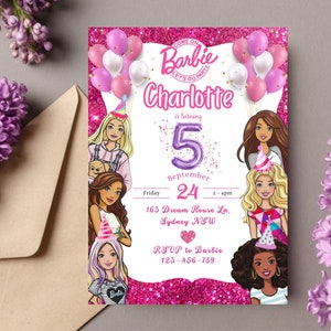 Modèle d'Invitation pour poupée rose pailleté, décoration sur le thème de la princesse, invitation à la fête, modifiable auto-modifiable pour fille, imprimable image 1