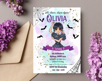 Editable Digital Wednesday Birthday Invitation Download for Print or Text 5x7 Wednesday Addams Printable Invite Self-Editable Template