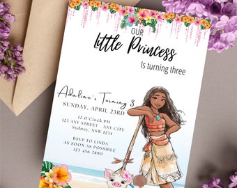 Faire-part d'anniversaire Moana, invitation Moana, invitations de fête d'anniversaire princesse moana, téléphone portable numérique modifiable, auto-modifiable inviter