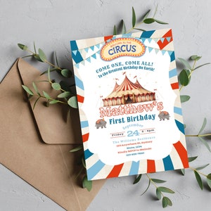 Vintage Carnival Birthday Invitation, Circus Invite, Boys Carnival Birthday Party Invites, Circus Evite, Mobile Phone Editable Digital,