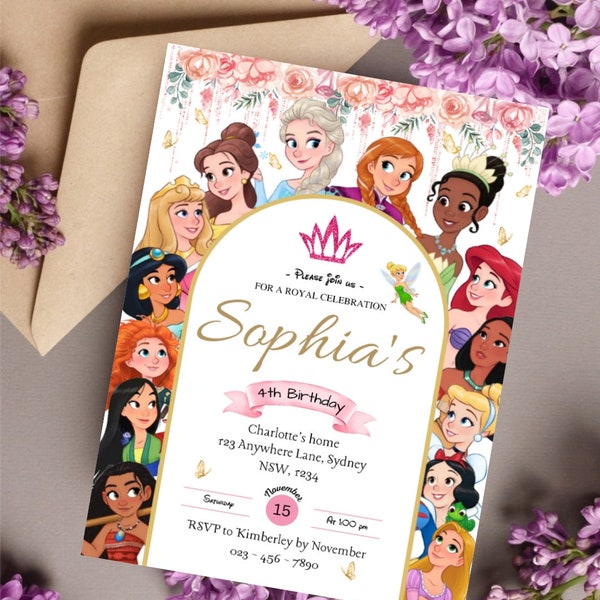 Princess Birthday Invitation, Disney Princess Invite, Floral Princess Birthday Party Invites, Princess Evite, Mobile Phone Editable Digital,