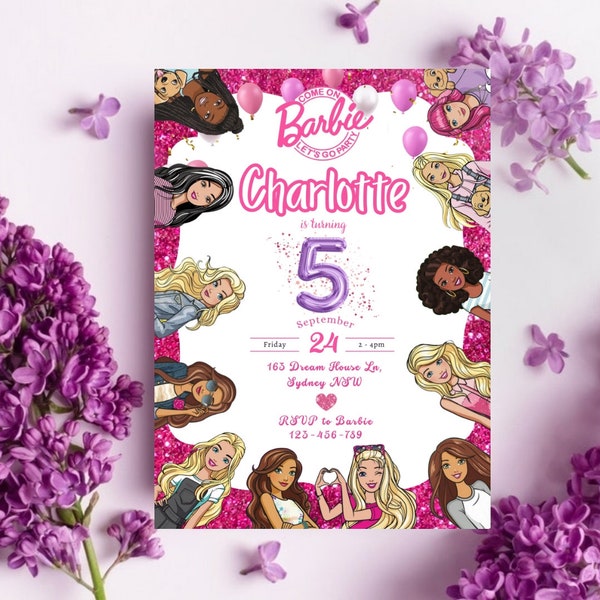 Digital Pink Glitter Doll Birthday Invitation Download for Print/text 5x barbie and friends Printable Invite Self-Editable Template