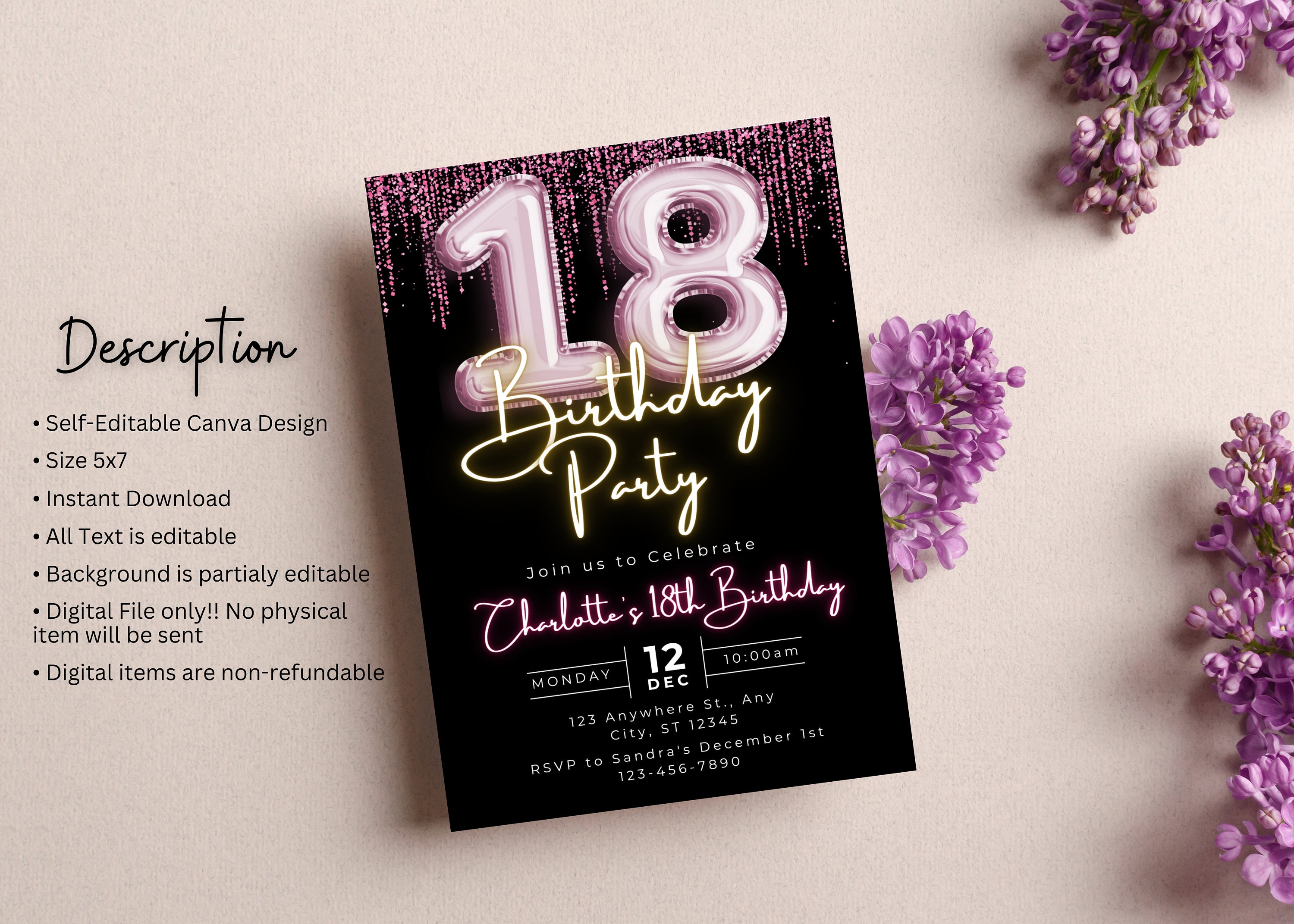 Editable 18th Birthday Invitation Template, Printable Pink Balloon ...