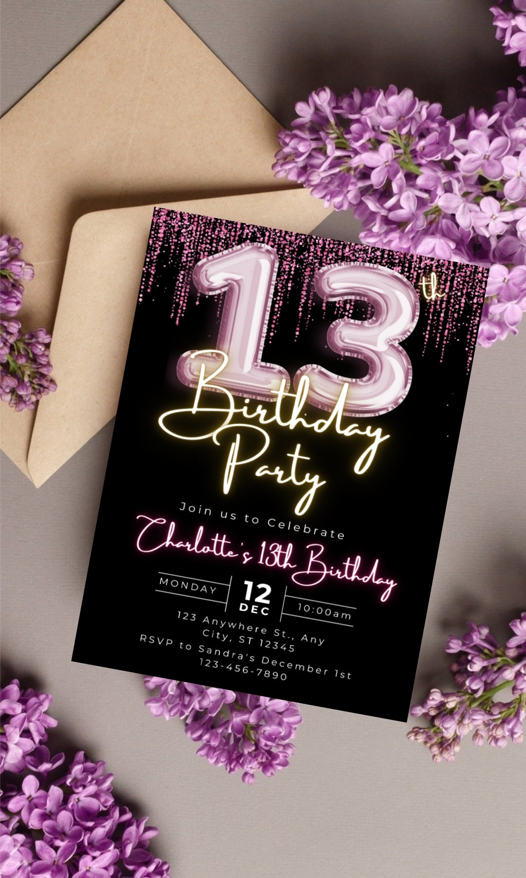 Editable 13th Birthday Invitation Template, Printable Pink Balloon ...