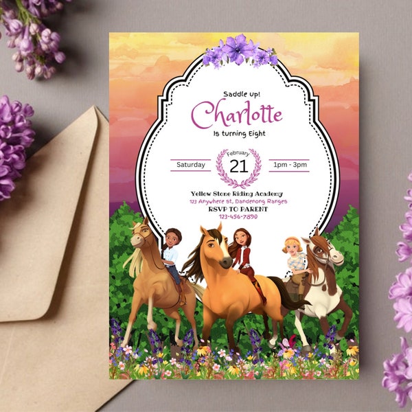 Descarga gratuita de invitación de cumpleaños de Spirit Riding para impresión o texto, tema de caballo espiritual 5x7 Plantilla de invitación imprimible Espíritu digital editable