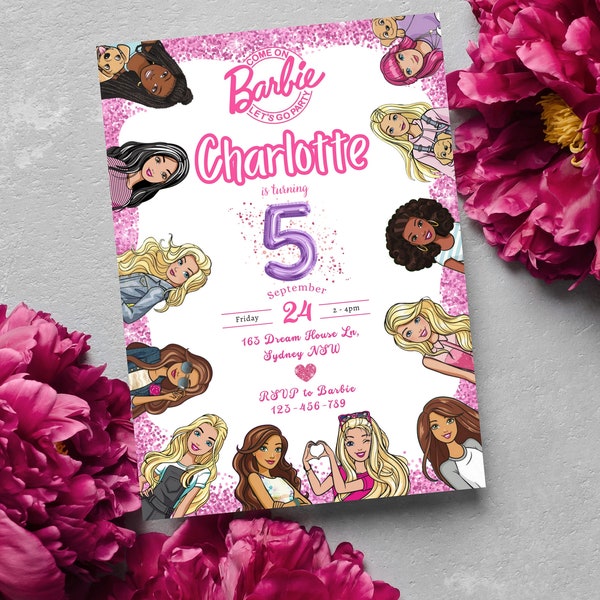 Digital Pink Party Doll Birthday Invitation Download for Print/text 5x7 Pink Doll and friends Printable Invite Self-Editable Template