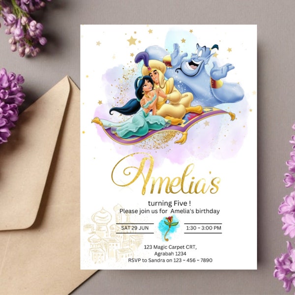 Princess Jasmine purple Birthday Invutation Download self - Editable Birthday Princess Jasmine and Aladdin Digital Invitation