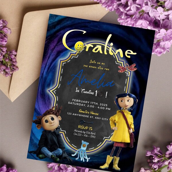 Editable Digital Coraline Birthday Invitation Download for Print or Text 5x7 Coraline Printable Invite Self-Editable Template