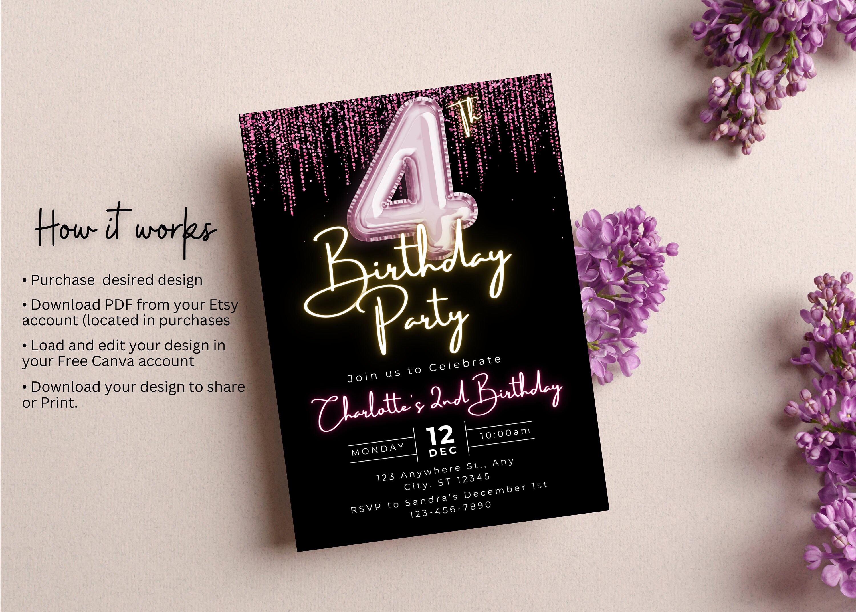 Editable 4th Birthday Invitation Template, Printable Pink Balloon ...