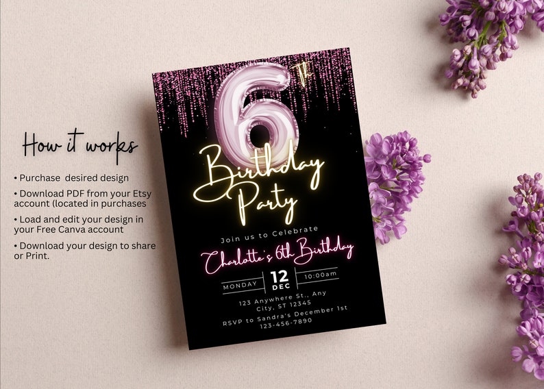 Editable 6th Birthday Invitation Template, Printable Pink Balloon Sixth ...
