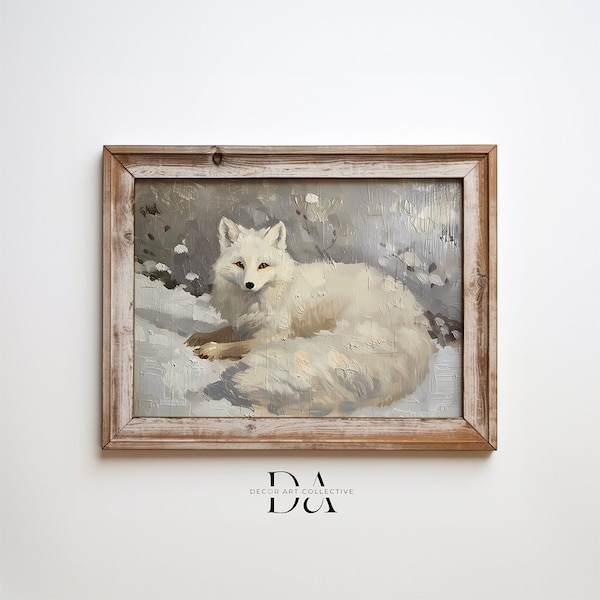 Printable Snow Fox Oil Painting, Vintage Landscape Art Print, Snow Fox Wall Art Digital Download | Printable Wall Art