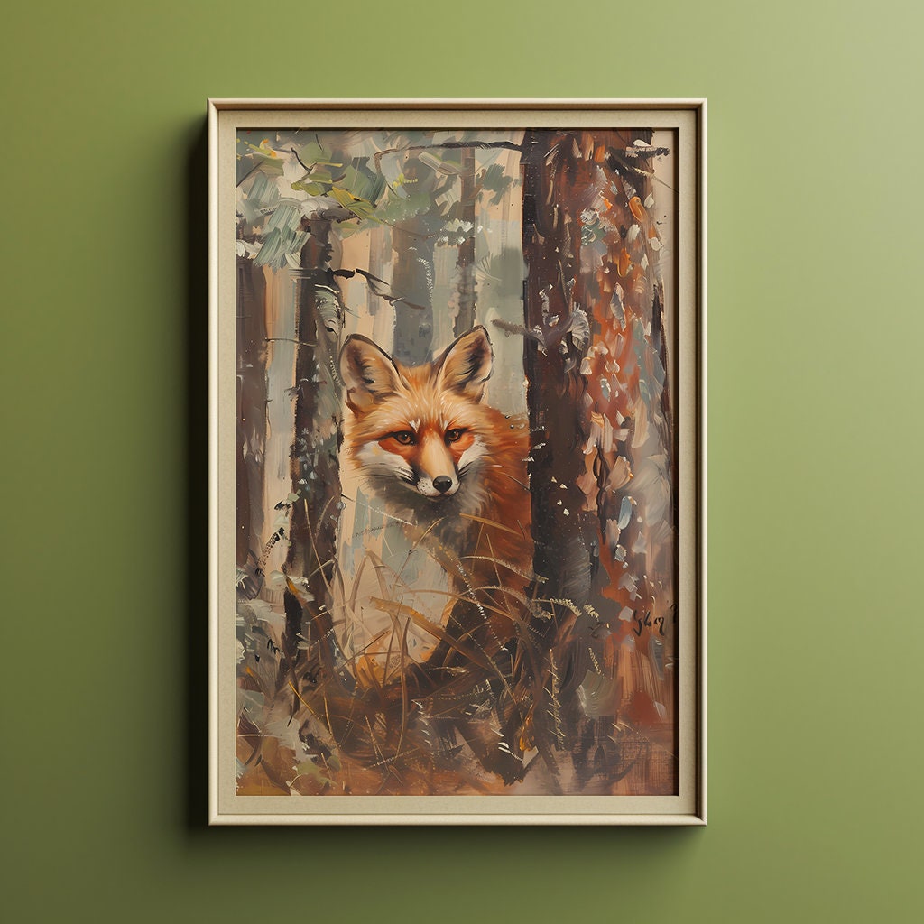Printable Red Fox Oil Painting, Vintage Landscape Art Print, Red Fox Wall Art Digital Download ...
