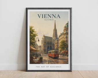 Könnte beinhalten: Ein gerahmter Kunstdruck mit einer Straßenszene in Wien, Österreich. Das Bild zeigt eine rote Straßenbahn auf Schienen, den Stephansdom und Straßencafés. Der Text lautet VIENNA AUSTRIA oben und THE ART OF ELEGANCE am unteren Bildrand.