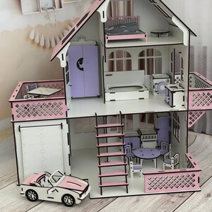 Wooden dollhouse with garage and toy car 2 story playhouse for 13 14 cm dolls Handmade Montessori gift | kids room decor Pretend play house