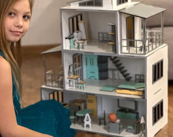Handmade Wooden Dollhouse with Furniture – Large Montessori Playhouse, Birthday or Christmas Gift for Girls