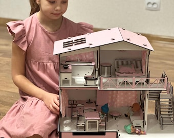 Scandinavisch houten poppenhuis met meubels – miniatuurhuis met 2 verdiepingen voor poppen van 15 cm, montessoricadeau