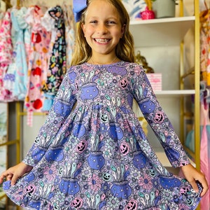 Girls Witches Brew Twirl Dress with Matching Bow - Halloween Outfit