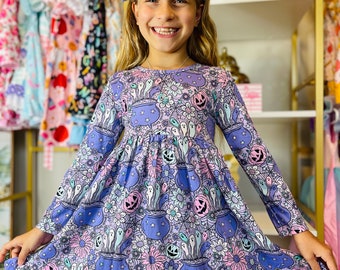 Girls Witches Brew Twirl Dress with Matching Bow - Halloween Outfit