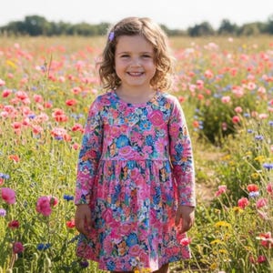 Puede incluir: Una niña con un vestido de manga larga con un vibrante estampado floral de flores rosas, azules y amarillas. El vestido tiene cuello en V y falda fruncida. La niña sonríe en un campo de flores silvestres coloridas.