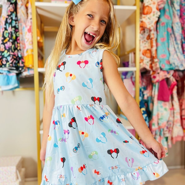 Girls Mouse Ears Cotton Dress: Theme Park Outfit with Bow