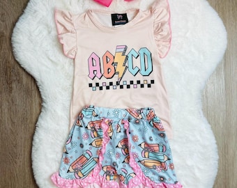 Girls' Back to School Outfit: ABC Shorts Set with Bow
