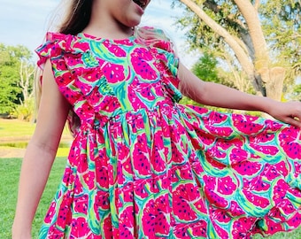 Girls Pink Watermelon Ruffle Dress with Matching Bow