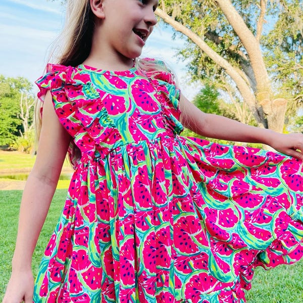 Girls Pink Watermelon Ruffle Dress with Matching Bow
