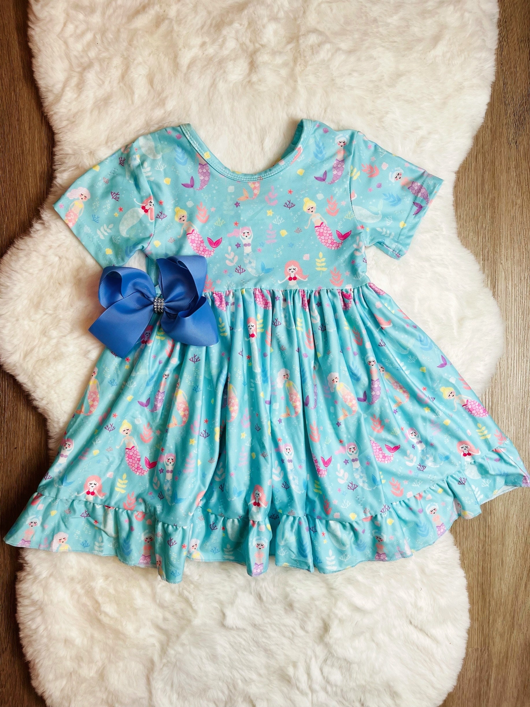 Summer Arrival Mermaids Cartoon Pattern Short Sleeves Dress for Stylish Girls