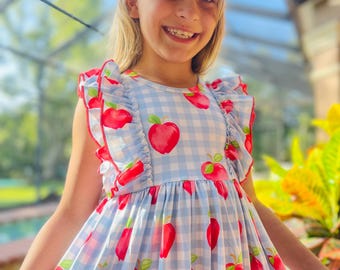 Girls Preppy Apple Ruffle Dress with Matching Bow: Back to School Outfit