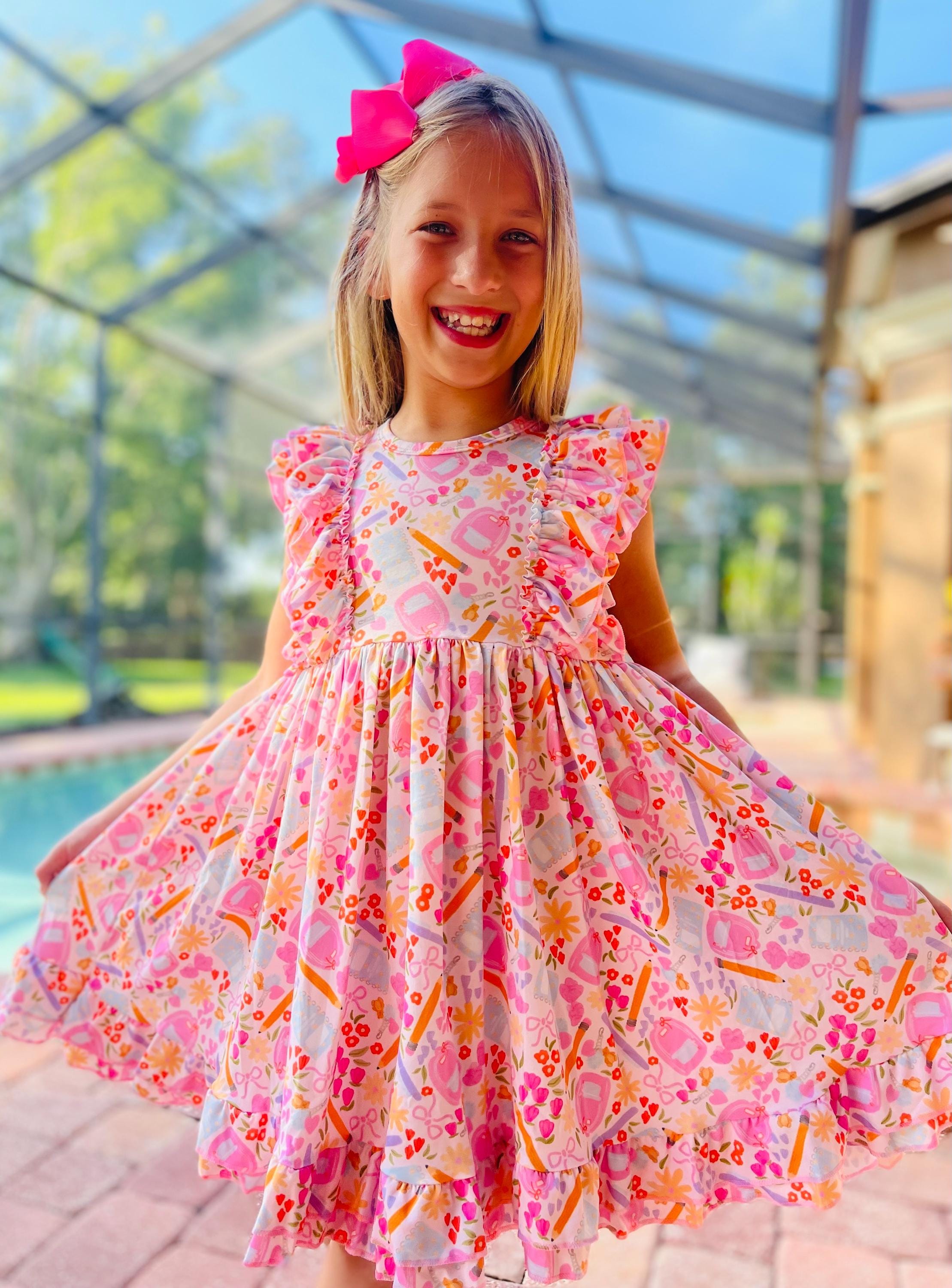 Girls Pink School Dress with Matching Bow, Toddler Back to school dress, Girls pink abc dress, back to school ruffle dress
