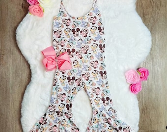 Disney Mickey Flare romper  with Matching Bow, Disney Flare Set, Girls Disney Outfit, Disney Girls bell bottoms, Minnie bell bottom, flare