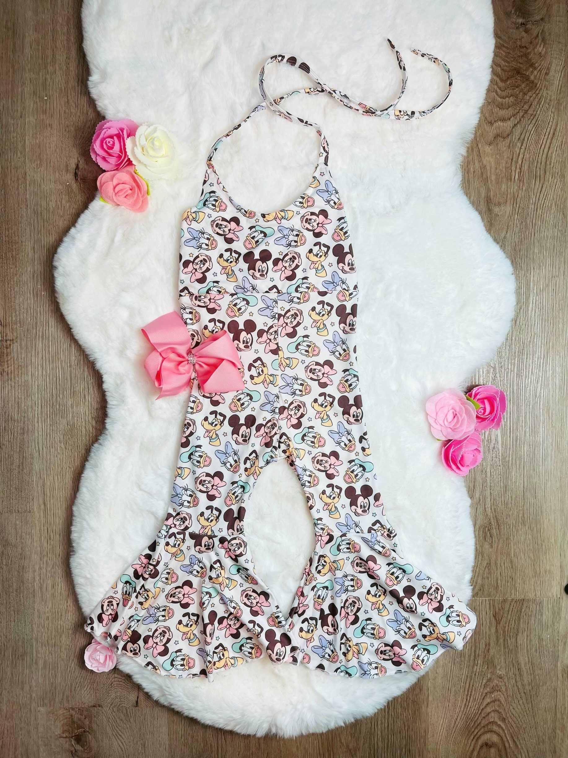 Girls Flare Romper: Mouse Theme Outfit with Bow