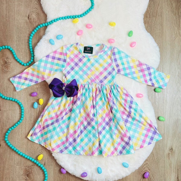 Girls Easter Dress, Girls Easter Twirl, Easter tutu, Girls Plaid Easter Dress, Easter Outfit, Egg Hunt Outfit, Plaid Twirl Dress, Free Bow