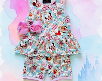 Toddler shorts set, magic kingdom shorts set with matching bow