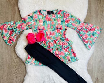 Conjunto navideño de Cascanueces para niñas, camisa floral, conjunto de lazo