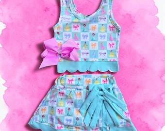 Girls' Princess Skort Set: Theme Park Outfit, Cotton Blend, Matching Bow