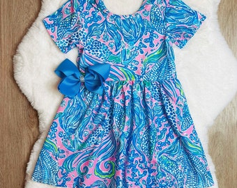 Girls&#39; Mermaid Dress: Watercolor Beach Outfit with Bow