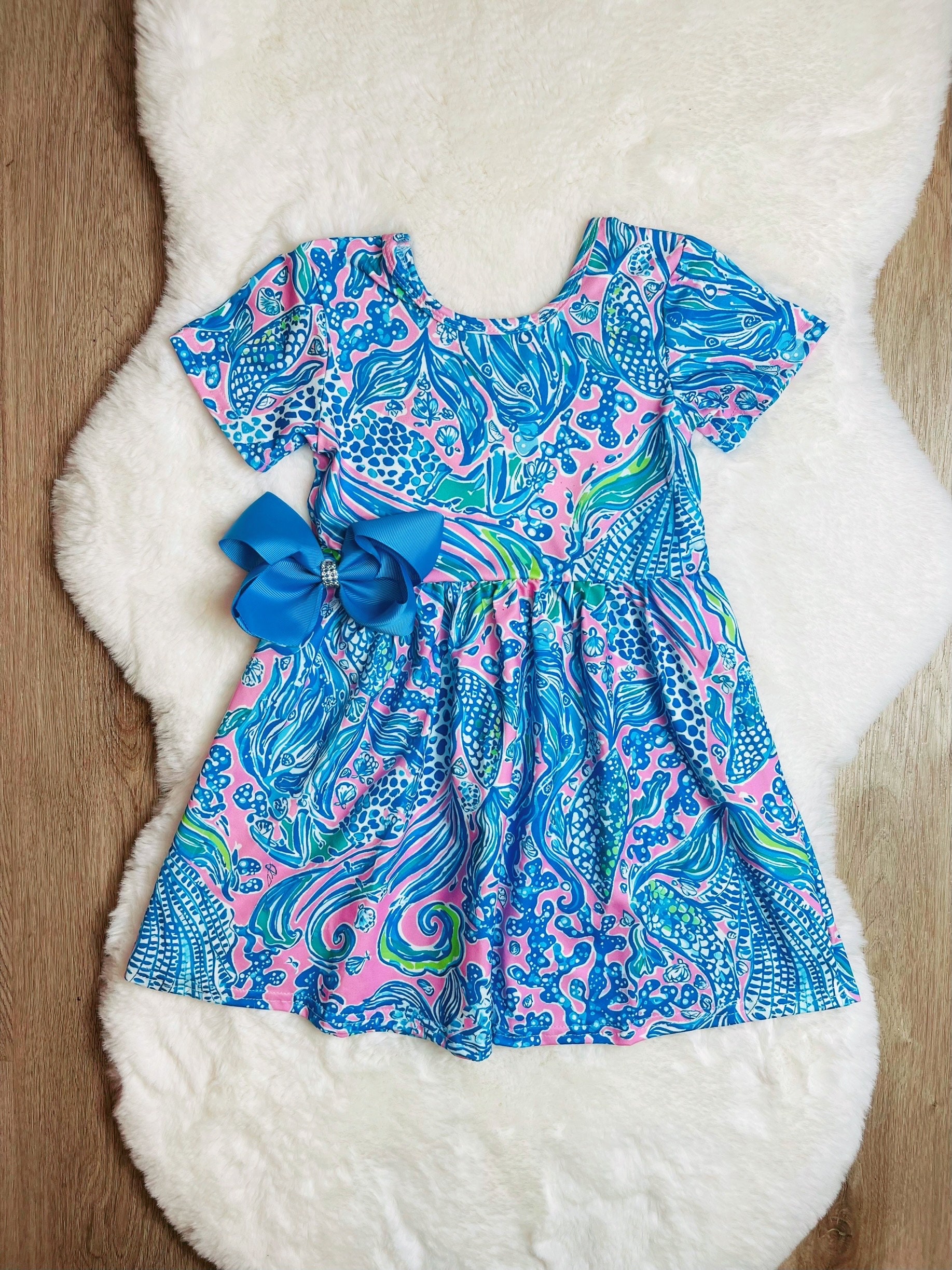 Girls Tropical Mermaid Dress: Pink Cotton Summer Outfit with Bow