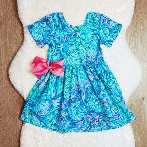Girls&#39; Sea Life Dress: Cotton Vacation Outfit with Matching Bow