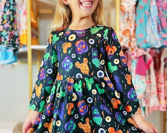 Girls Halloween Cotton Dress: Mickey Mouse, Free Bow