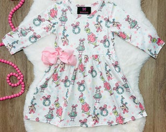 Girls&#39; Pastel Christmas Dress: Grinchmas Holiday Outfit with Bow